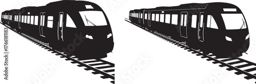 Two modern trains on railway tracks silhouette