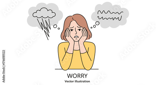 Troubled Young Woman Feeling Stressed Vector Design – Illustration of an anxious female character with a sad expression, representing worry, emotional tension, mental health issues, and life problems 