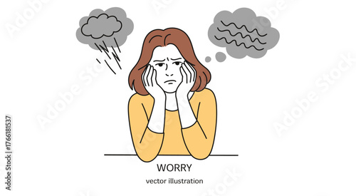 Anxious and Stressed Woman Illustration – Vector artwork of a young woman looking worried and tense, depicting emotional stress, anxiety, depression, and personal problems for psychology or lifestyle 