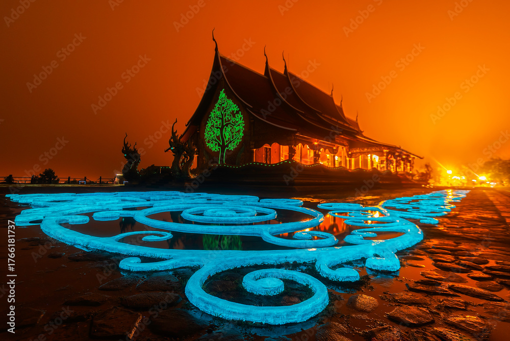 Obraz premium Sirindhorn Wararam or Phu Phrao Temple. The temple is glittering at night and is located in Ubon Ratchathani, Thailand.