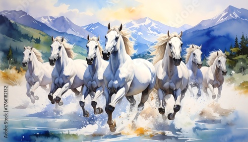 Majestic Watercolor Painting of Wild White Horses Running in Mountain River.