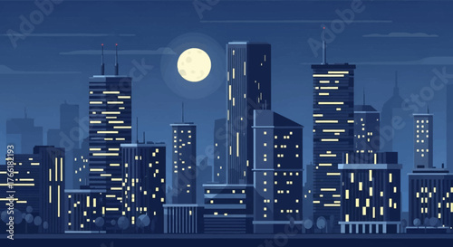 A nighttime cityscape with a full moon illuminating the sky above a collection of illuminated skyscrapers.