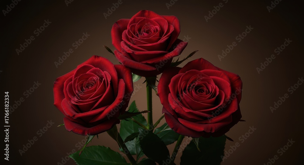 Fototapeta premium A classic grouping of three intensely dark red roses, featuring rich velvety petals and deep romantic symbolism on a neutral background ,bloom ,botany ,burgundy