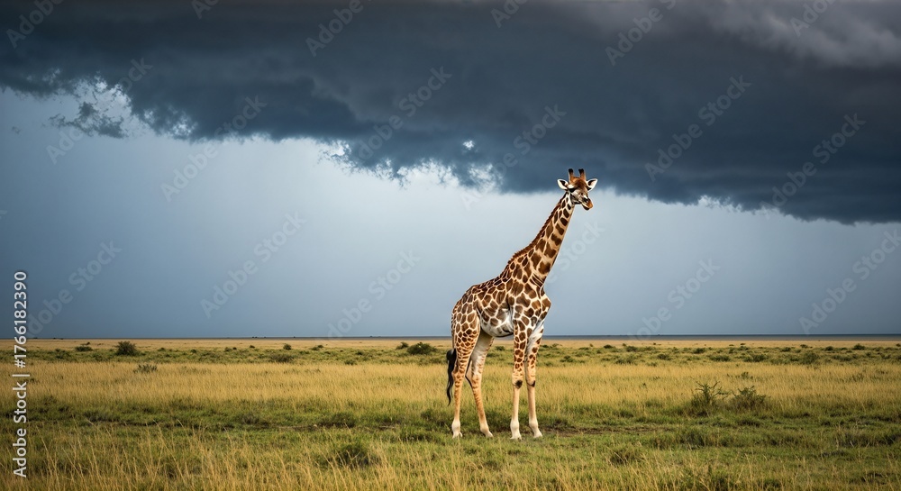 Fototapeta premium Giraffe standing in the savanna under a dramatic stormy sky.