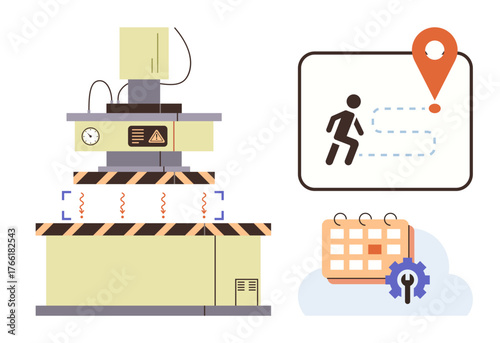 Industrial machine in action, route mapping with location marker and progress icon, gear-adjusted calendar. Ideal for manufacturing, logistics, planning, automation, scheduling, process optimization