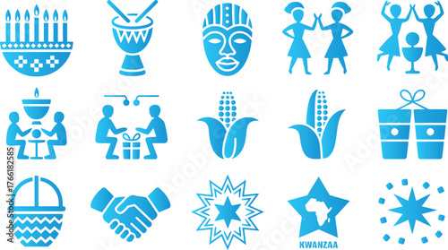 Blue kwanzaa symbols including gifts and african heritage