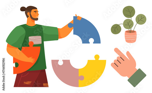 Man holding puzzle pieces, fitting them into a circular puzzle. Potted plant adds a calm touch. Ideal for teamwork, collaboration, problem-solving, creativity, balance organization focus. Simple