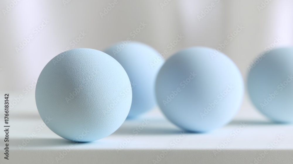 Fototapeta premium Four light blue spheres arranged in a row on a white surface with a soft, blurred background.