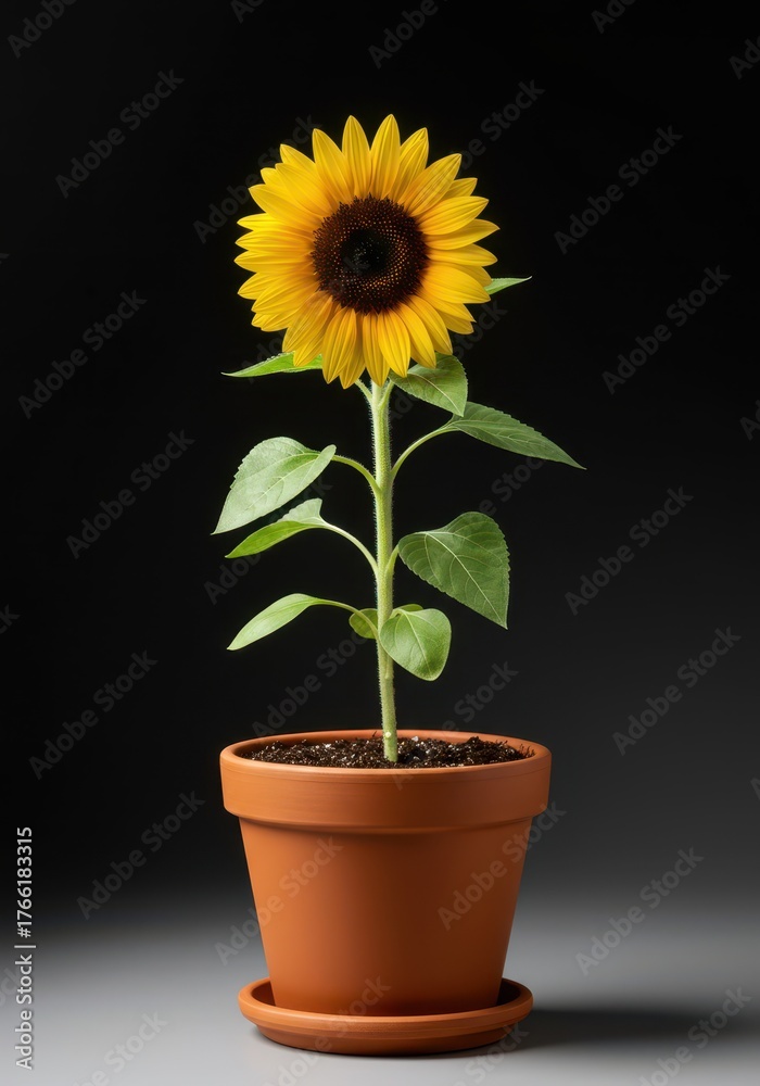 Obraz premium A vibrant young sunflower plant blooming brightly inside a terra cotta pot. The entire botanical item is perfectly isolated on a clean background ,cutout ,healthy ,decorative