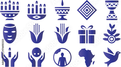 Assorted blue kwanzaa symbols arranged in a structured layout