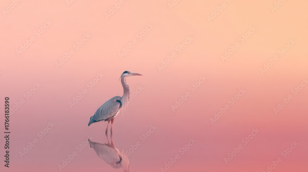 Obraz premium A heron standing in calm water with a pink sky in the background.