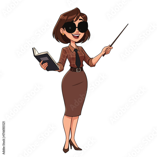 A stylish cartoon female teacher with sunglasses holding a book and a pointer stick.