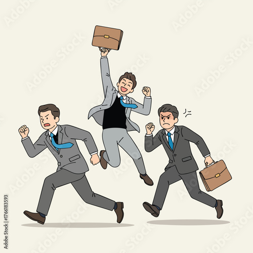 A successful businessman celebrates victory while his competitors run with anger and determination.