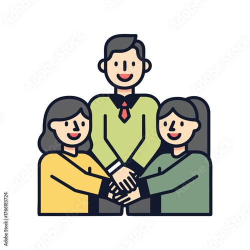 Cartoon illustration of a business team one man and two women showing teamwork with stacked hands.
