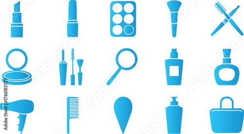 Illustration of fifteen different blue beauty and makeup items