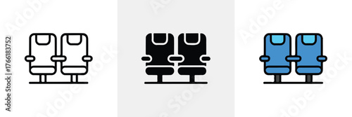airline seat graphic set three variations line art silhouette and colored vector for app icon and print
