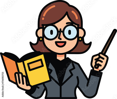 Cartoon illustration of a female teacher with glasses holding a book and a pointer stick.