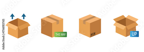 Set of cardboard boxes vector illustration open and closed brown shipping boxes, packaging and delivery concept, carton box icons isolated on white background