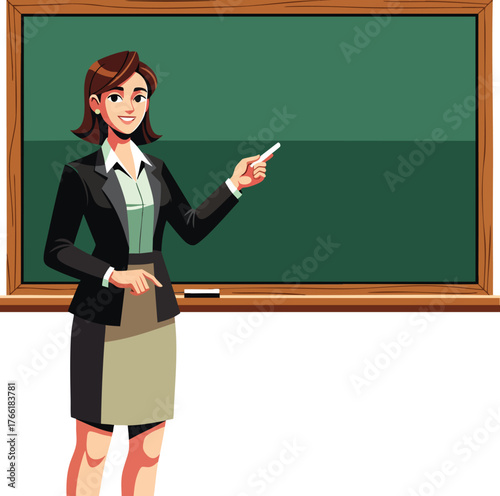 Cartoon illustration of a professional female teacher holding chalk and pointing at a green chalkboard.