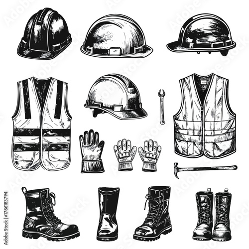 Construction safety gear and tools in black and white vector style. Includes helmets, gloves, boots, vests, hammer, and wrench. Ideal for industrial, safety, and engineering-themed designs.