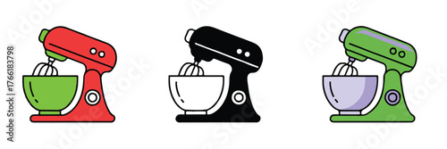 modern colorful stand mixer icons set three styles flat outline cartoon vector ai eps jpeg png