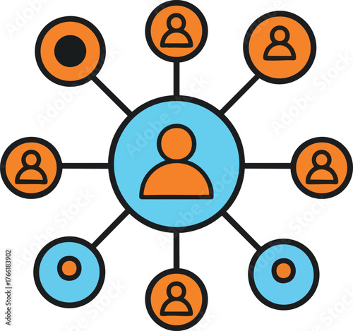 Colorful flat line icon representing a social network with a central user connection.