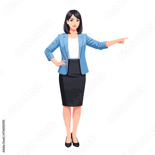 Confident young Asian businesswoman in a blue blazer and black skirt pointing to the side with her index finger.