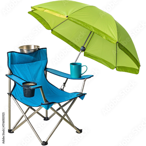 Relaxing blue folding chair with a green umbrella, a coffee cup and some snacks, perfect for camping, fishing and picnic time! Enjoying the outdoors.