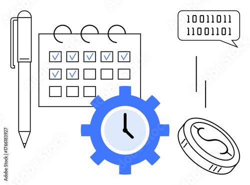 Pen, calendar with completed checkboxes, clock inside a gear, binary code speech bubble, falling coin. Ideal for productivity, automation, task organization, efficiency time management coding