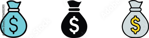 vector money bag icons three variations outline solid and shaded for banking and finance design
