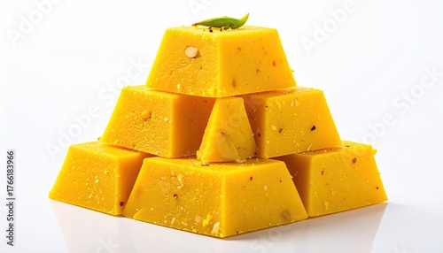 Bright Indoor Photo Of Yellow Sweet Dessert Stacked In Pyramid Shape Garnished With Almonds And A Mint Leaf On A White Background