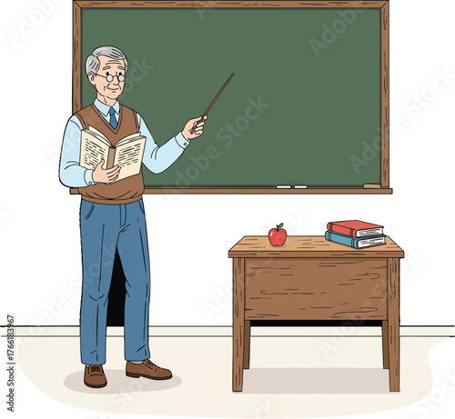 Elderly male teacher with glasses and a pointer stick giving a lesson in front of a chalkboard.