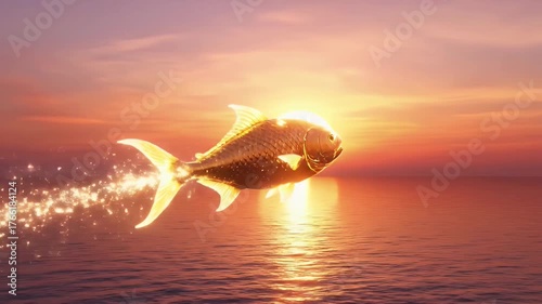 Wallpaper Mural Ethereal Golden Fish Soaring Above Vibrant Sunset Waters Torontodigital.ca