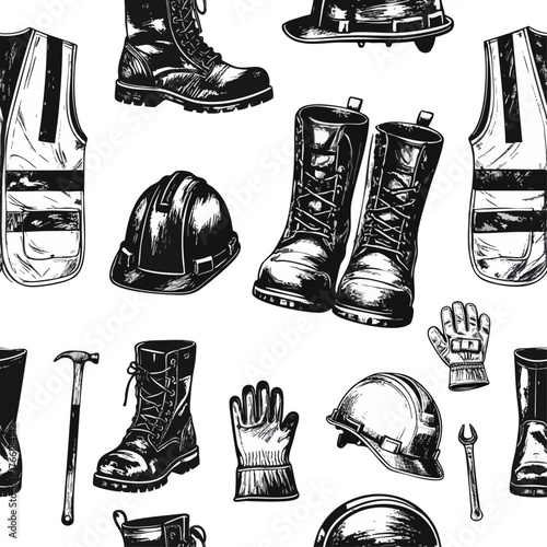 Seamless construction safety pattern with helmets, boots, gloves, vests, hammer, wrench, and mug. Ideal for industrial design, packaging, signage, textile, and occupational safety themes.