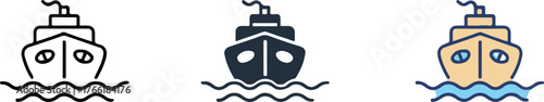 stylized ship icons set front view minimal outline navy silhouette and colorful flat design for ui and branding