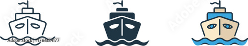 front view ship icon trio minimal outline navy silhouette and colorful flat vector set for web and print