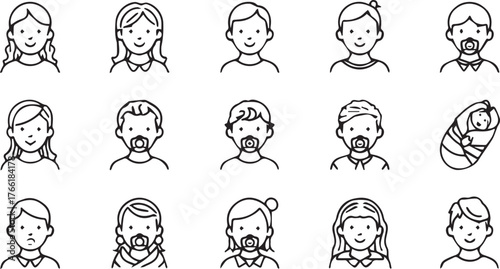 Family and parenting line icon  set consisting of. The collection includes **boys, girls, and infants**—some with pacifiers or wrapped in blankets—illustrating various family and parenting themes.