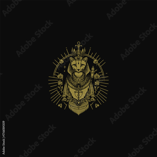 Highly ornate and mystical illustration of the Egyptian cat goddess, Bastet, adorned with pharaonic regalia, jewelry, and a crown featuring the Ankh symbol