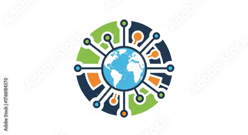 Global technology network concept with a world map surrounded by interconnected nodes, representing global communication and digital connectivity