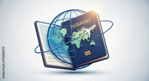 Passport and globe concept with airplane on the cover, symbolizing international travel, tourism, and global connectivity