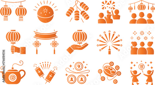 Collection of orange chinese new year icons and decorations