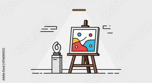 Colorful abstract painting on easel with spotlight in art gallery, showcasing modern artwork and creative expression
