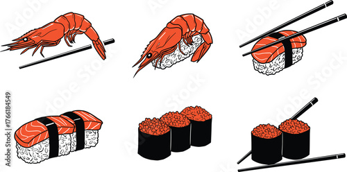 Fresh sushi and shrimp nigiri illustration with chopsticks, seafood rolls, and salmon sushi pieces for Japanese restaurant menu design