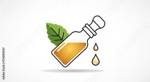 Essential oil bottle with a green leaf natural medicine, aromatherapy, and herbal treatment concept in vector design
