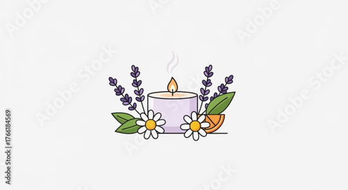Aromatic candle with lavender and chamomile flowers relaxation, aromatherapy, and wellness concept in vector design