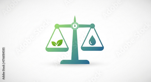 Balance scale with leaf and water drop, symbolizing environmental sustainability, conservation, and the importance of resources