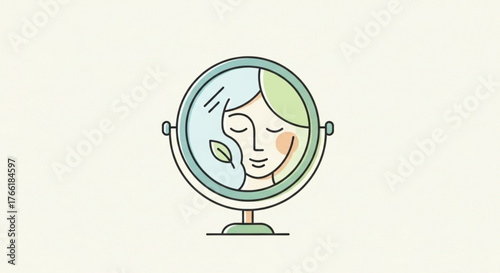 Illustration of a womans face in a mirror, representing beauty, selfcare, and natural cosmetics