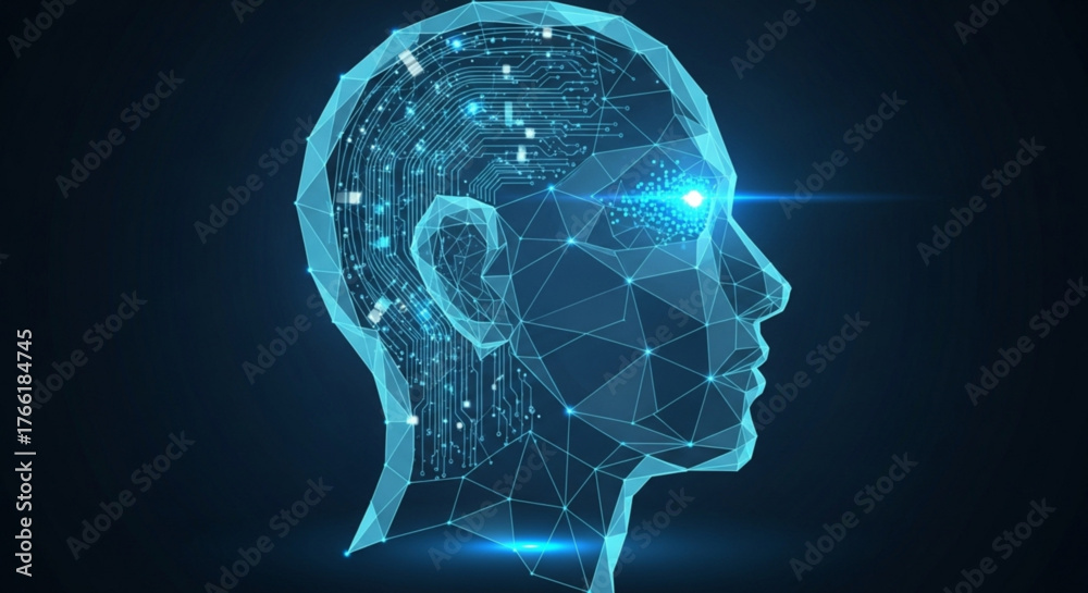 Abstract digital head with glowing lines and dots on a dark background, representing artificial intelligence and modern technology