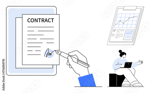 Hand signing a contract, report with analytics on clipboard, person using laptop. Ideal for contract management, business agreements, remote work, data analysis, productivity, teamwork simple flat