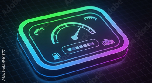 Neon speedometer icon with fuel gauge and engine warning light, symbolizing vehicle performance, fuel efficiency, and maintenance needs in a digital dashboard